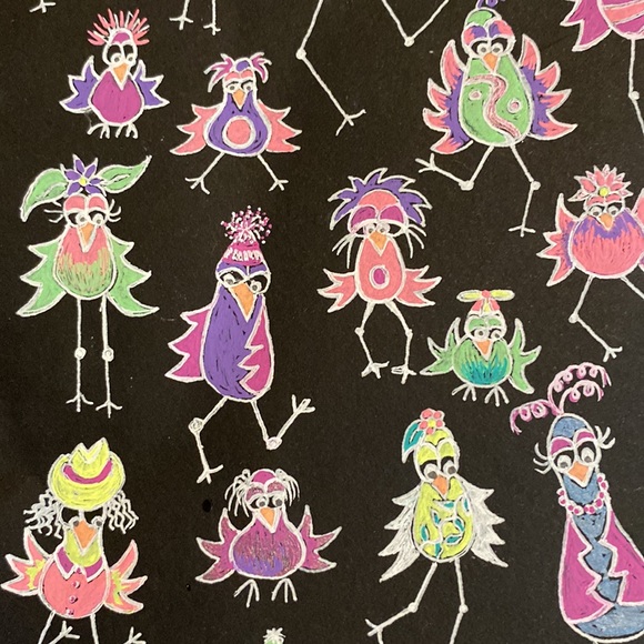 Unframed Original Art in Gel Pen on Black Paper Flocking Strange Birds - Picture 5 of 9